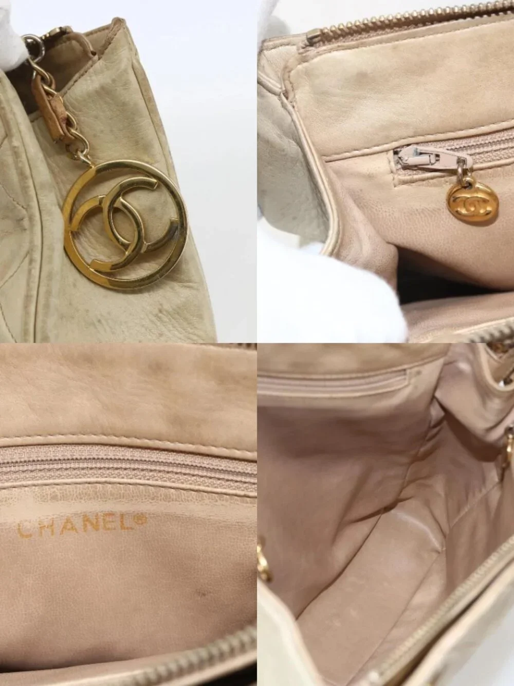CHANEL Chain Matelasse Tote Bag Lamb Skin Beige Gold CC Auth bs32364